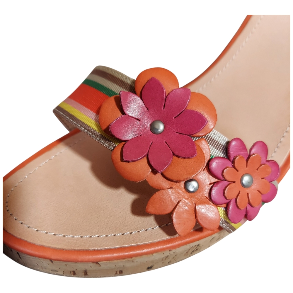 Coach Morgan Floral Cork Wedge Sandals Boho Resort Stripe Leather NEW - Picture 8 of 9